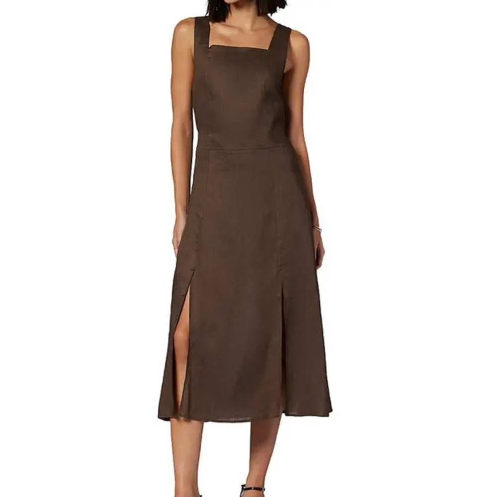 Equipment Ginette Linen Midi Dress Size 10 Sleeveless Square Neck Slit In Wren